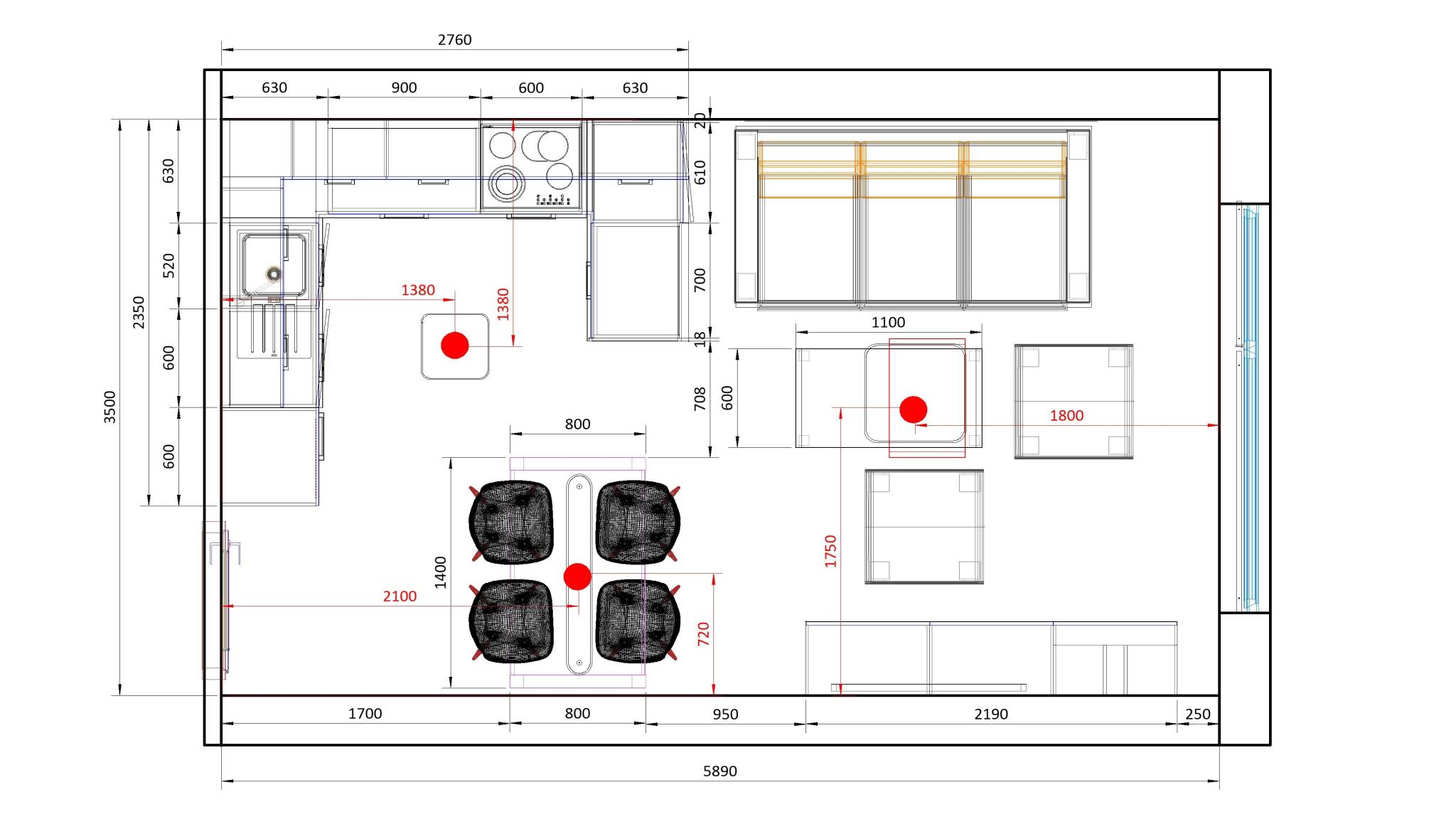 Návrh obývacího pokoje s kuchyňskou linkou - půdorys rozměry